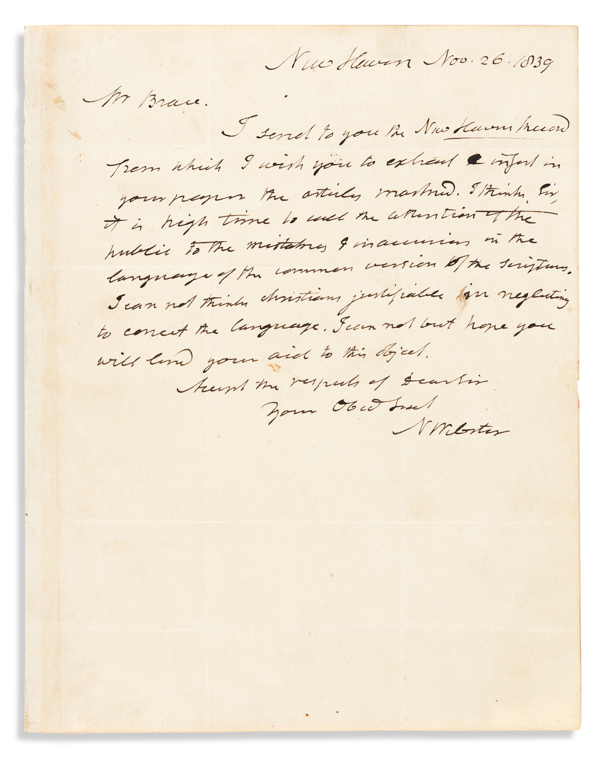 WEBSTER, NOAH. Autograph Letter Signed, N Webster, to Seth C. Brace,
